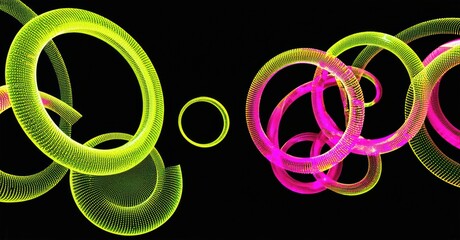 Aufkleber - Bright neon circles, loops, swirls against black background. Abstract light painting creates dynamic visual effect.