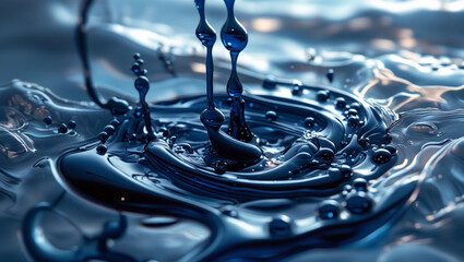 Poster - Close up of dark blue liquid droplets falling and splashing into a pool of the same liquid