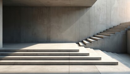 Poster - Modern minimalist concrete stairs and platforms. Sunlight creates shadows. Urban backdrop is ideal for product display. Architectural design with monochrome texture. Steps lead upward.