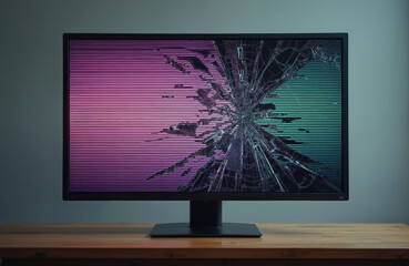 Aufkleber - Cracked computer monitor screen with colorful glitch effect. Display broken, damage concept. Digital art, modern tech, retro wave, data distortion. Technical error, failure concept in cyberspace.