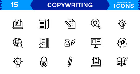 Copywriting Icon Set Featuring Content Creation, Writing, Editing, Marketing, and Communication Symbols in a Professional, Vector-Based Design
