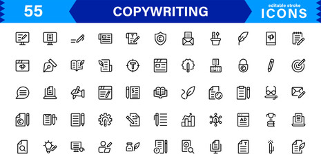 Copywriting Icon Set Featuring Content Creation, Writing, Editing, Marketing, and Communication Symbols in a Professional, Vector-Based Design