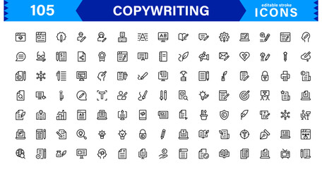 Copywriting Icon Set Featuring Content Creation, Writing, Editing, Marketing, and Communication Symbols in a Professional, Vector-Based Design
