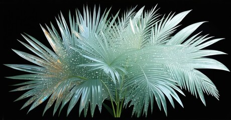 Poster - Palm leaves display water droplets. Cool tones dominate composition. Minimalist aesthetic, striking contrast against dark background. Natures beauty.