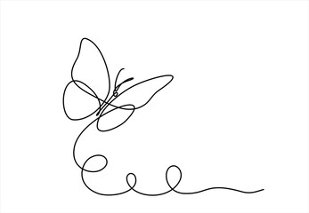 Poster - Butterfly in One continuous line drawing. Beautiful flying moth for wellbeing beauty or spa salon logo and divider concept in simple linear style. Hand drawn one line vector. Editable stroke