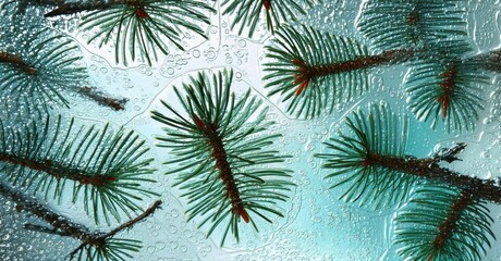 Poster - Frozen pine branches, ice crystals cover needles. Winter scene, cool tones, natural texture, beautiful frost patterns visible.