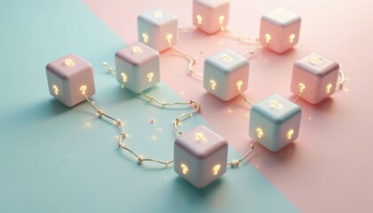 Poster - Abstract 3D illustration of cubes. Question mark icons represent curiosity, inquiry, idea, answer on pastel background. Concepts of learning, education, creativity, thinking, innovation, research,