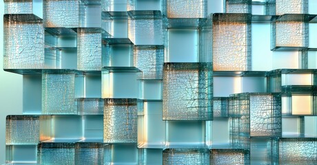 Aufkleber - Stacked glass cubes create abstract wall. Light passes through fractured surfaces, forming warm, cool tones. Minimalist design, modern aesthetic.