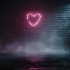 Poster - Glowing neon heart on a dark brick wall with soft haze