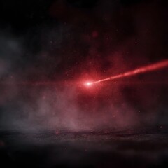 Poster - A focused red laser beam cutting through dark mist with glowing particles