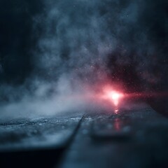 Poster - Laser beam cutting through misty atmosphere with glowing particles