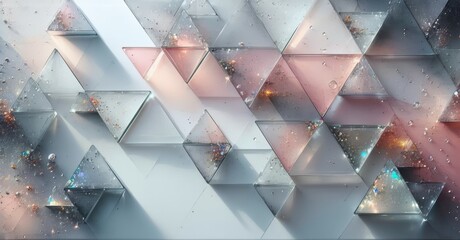 Poster - Abstract geometric pattern. Silver, pink triangles create textured wall. Light reflects, sparkles within shapes. Modern design.