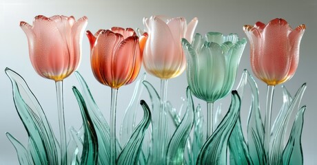 Poster - Glass tulips display vibrant colors, delicate petals. Artistic floral arrangement, soft lighting creates beautiful scene.