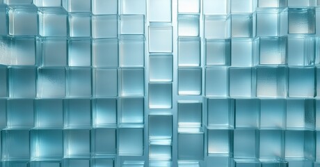 Fototapete - Cubical structures create abstract wall. Blue tones dominate, suggesting depth, light play within geometric forms. Minimalist design.