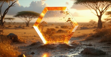 Poster - Hexagonal prism glows amidst savanna landscape. Golden light emanates, illuminating sparse trees, dry ground. Dramatic, surreal scene.