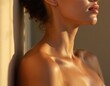 © Pete - Close-up photo of sun tanned woman neck, collarbone. Golden hour sunlight highlights smooth skin. Beauty, skincare, wellness, feminine elegance. Warm tones create relaxed, serene atmosphere. Gentle