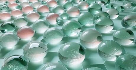 Poster - Numerous translucent spheres fill frame. Soft lighting creates gentle reflections, subtle color variations present. Minimalist composition.
