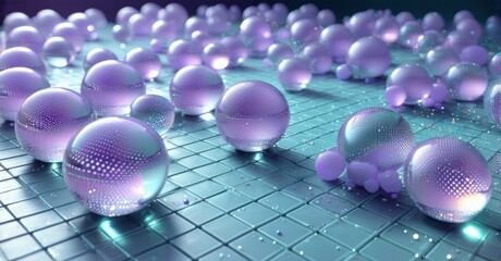 Poster - Purple spheres rest upon tiled surface. Light reflects, creating vibrant, futuristic scene. Depth extends into darkness.