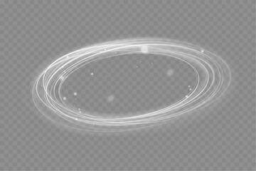 Poster - Motion circle light wave. Glowing round swirl lines with glitter particles. Glitter sparkle swirl trail effect. Sparkling magic white fire circle ring footprint. Bokeh effect. Smoke flow. Vector.