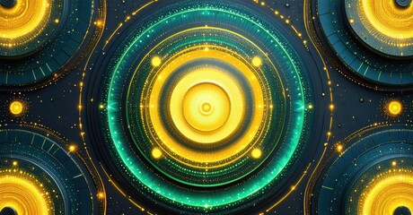 Leinwandbilder - Abstract digital artwork. Concentric circles radiate, glowing yellow, teal hues dominate dark background. Complex patterns, futuristic design.