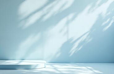 Poster - Blue studio backdrop with podium for product presentation. Summer display with sunlight shadow on cement floor, modern interior background. Empty space for cosmetic products, beauty, advertising