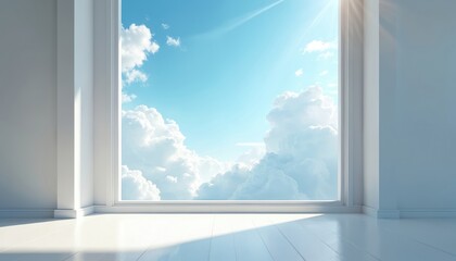 Poster - Bright interior room with a panoramic window overlooking the sky. Sunny daylight illuminates white walls and floor. Blue sky and fluffy clouds outside the window create an airy, minimalist design.