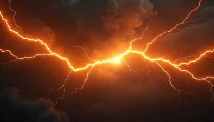 Poster - Realistic vibrant orange lightning strike against dark, stormy sky. Electrical discharge, high voltage, intense energy. strikes earth. Dramatic weather phenomena illustration. Perfect for design