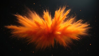 Poster - Orange powder explosion isolated on black background. Abstract design with dust, smoke, paint, splash, colour. Concept of festive, cosmic event, burst motion, energy, creative holi design.