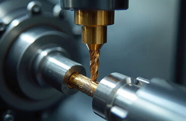 Poster - CNC machine turning milling metal part. Metalworking process involves rapid rotation cutting tool. Automated industrial equipment machining details for manufacture. Precision engineering, metal