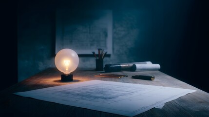 Poster - A creative studio desk with a blueprint and glowing bulb hovering above