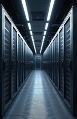 Poster - Modern server room with LED-lit racks. Computing center infrastructure. Digital data storage, network cabling. Cyber security, cloud computing, information technology. Futuristic, innovative data