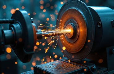 Poster - Close-up of metal grinding process with sparks. Rotating metal part, industrial machinery. Precision metalworking, tool cutting, manufacturing, production. Sparkles from abrasive wheel. Engineering,