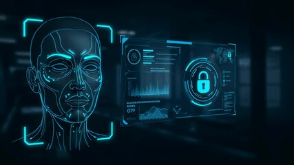 Poster - Abstract biometric face recognition and secure data interface with padlock symbol. Concept for digital security and privacy footage.