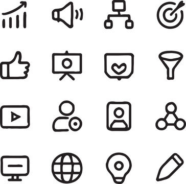 Music, sound, and media web icons set: vector illustrations for internet, computer, business, car, phone, and medical designs
