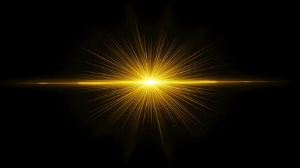 Poster - Bright yellow light source with starburst effect and horizontal lens flare. Shiny sunbeam or glow in darkness for abstract background footage.
