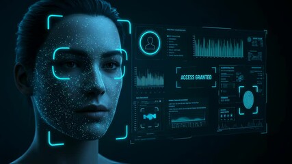 Poster - Woman with digital scan on face. Biometric identification system for cybersecurity and modern data protection. Ai technology footage.