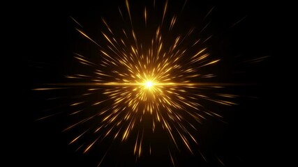 Poster - Bright light explosion radiating golden particles and rays. Energy burst or starburst effect. Abstract background animation.