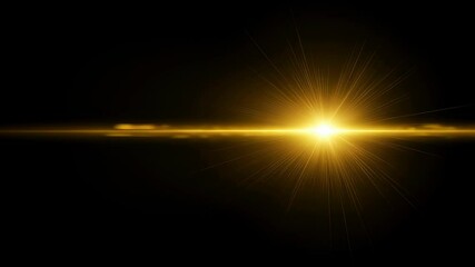 Poster - Bright golden light lens flare effect on a black background, with radial starburst rays. Warm glowing optic element for overlay video footage.