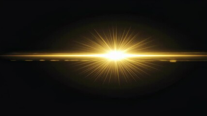 Poster - Bright golden light flare with glowing sunburst rays across dark background. Cosmic star lens effect for overlay. Abstract bright visual element footage.