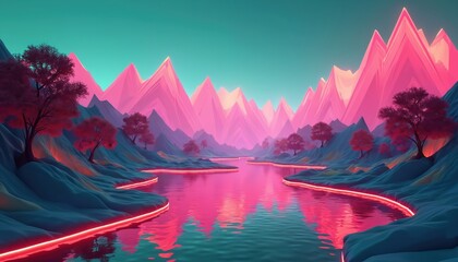 Poster - Futuristic 3D neon abstract landscape featuring geometric shapes, serene water reflection. Bright pink mountains, trees, night sky. Virtual reality, metaverse, digital art, vibrant colors.