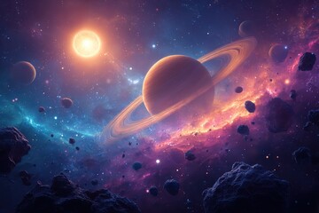 vibrant celestial illustration in space with a sun, planets, stars, and galactic elements. includes 