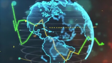 Poster - Animated Earth Globe with Green and Yellow Trend Lines on Dark Background Illustrating Global Financial Markets and Economic Trends