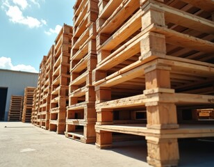 Poster - Wooden pallets stacked outdoors. Wooden pallets are used for shipping, transport, storage. Pallet warehouse, construction or industry. Commercial cargo, distribution logistics at factory or warehouse.