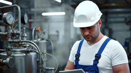 Poster - Factory Worker Checks Pressure Gauges In White Hardhat And Blue Overalls On Silver Machine In An Industrial Setting
