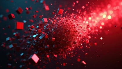 Poster - Abstract art anti-tracking spyware software dismantling. Red cubes, particles in motion. Digital tech concept for data privacy cybersecurity protection, innovative digital technology, background.