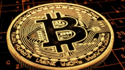 Poster - Golden Bitcoin Close Up on Dark Electronic Circuit Board Background Promoting Digital Finance and Cryptocurrency