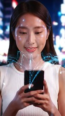 Poster - Smiling asian woman using phone with futuristic digital connection lines
