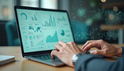 Aufkleber - Man works on laptop with data analysis charts, graphs. Business intelligence tech, digital information on screen. Finance marketing, report, strategy, performance, growth, trend, dashboard
