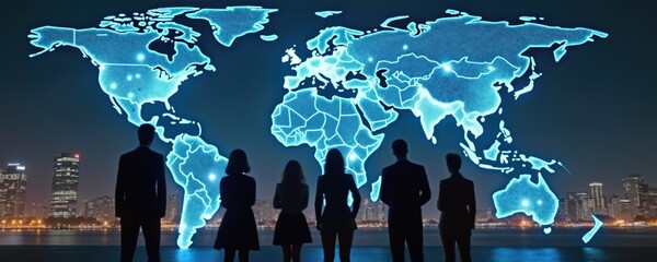 Poster - Silhouetted business team looks at digital world map. Global network connects cities, representing international communication, tech, business, trade, travel, strategic planning, teamwork, future