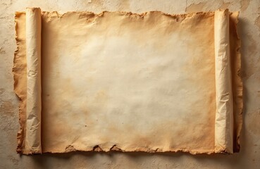 Poster - Ancient papyrus scroll on aged background. Torn edges, rolled ends shows texture detail. Vintage parchment paper background for historical documents, writing, calligraphy. Antique style concept.